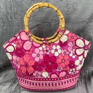 Vera Bradley Hand Bag Retired Petal Power Pink Bamboo Handles Satchel Purse